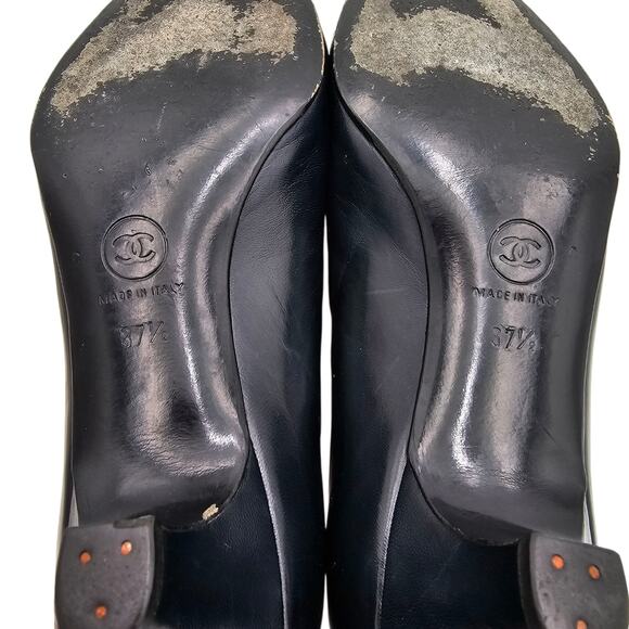 Chanel CC Vintage Kitten Heel Pump Black Leather Pointed Toe Size 37.5 US 6.5 7 - Picture 9 of 12